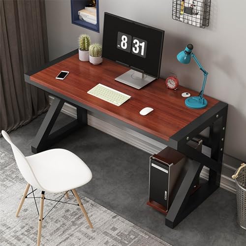 Escritorio de computadora de madera maciza, moderno escritorio de oficina en casa con patas de metal en forma de K, mesa de estudio grande para computadora portátil, estación de trabajo rústica, trab