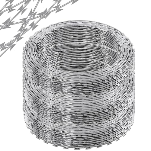 QVQE 410FT Galvanized Steel Razor Wire Ribbon Barbed Concertina 82 Feet per Roll 5 Pcs