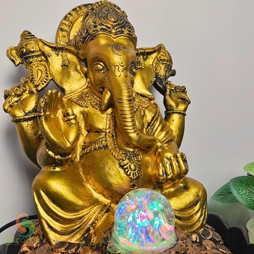 Image of Golden Ganesha Decorative Table Top Water Fountain for Home Decor /Office /Indoor & Outdoor /Garden /Puja Room /Vaastu with Multicolor LED Light & Adjustable Water Pump (Big Golden Ganesha D-027)