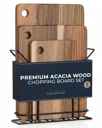 Premium Acacia Wood Chopping Board Set - 3 Thick Wooden Chopping Boards with Metal Stand, Ideal for Meat, Vegetables, Cheese and Bread. Cutting Board, Cheese Board, Wooden Tray, Charcuterie Boards