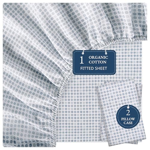 Image of 100% Organic Cotton King Fitted Sheet, 3-Piece Set (1 Fitted Sheet, 2 Pillowcases), Percale Weave, Cotton Fitted Sheet, Ultra Soft, Breathable, GOTS Certified, Fits Mattress Upto 15 inch Deep - Polka Dot