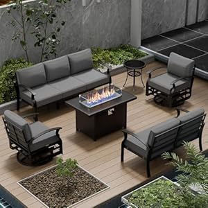 Aluminum Patio Furniture Set with Fire Pit Table, 7 Seats Patio Outdoor Conversation Set with Swivel Chair Modern Metal Patio Sectional Sofas with Upgrade Cushions for Patio, Backyard (Grey)