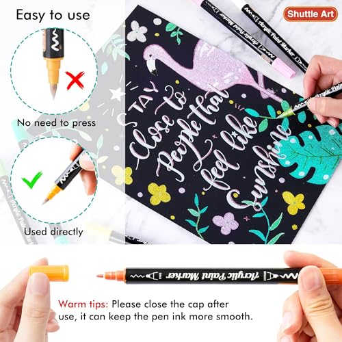 Image of Shuttle Art 28 Metallic Colors Dual Tip Acrylic Paint Markers, Brush Tip and Fine Tip Acrylic Paint Pens for Rock, Ceramic, Wood, Canvas, Plastic, Glass, Stone, Calligraphy, Card, DIY Football Crafts