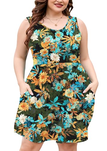 Image of AusLook Plus Size Summer Tank Dress for Women Casual Sleeveless Crewneck Pleated Babydoll Swing Sundresses with Pockets 1X-5X