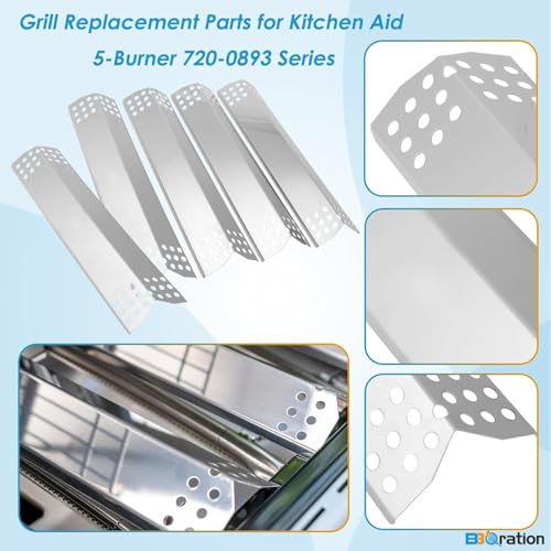 Image of Replacement Kit for Kitchen Aid 720-0893 720-0893A 720-0893D 720-0893G, 7MM Stainless Steel Cooking Grates, Burners and Heat Plates for Kitchenaid Grill Replacement Parts 5-Burner Gas Grill