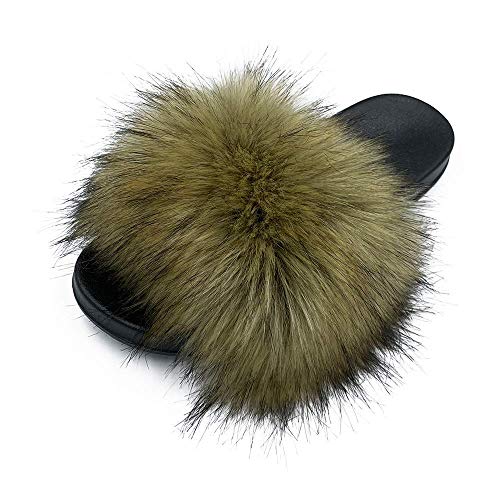 Image of Women's Faux Fur Slides Slippers Fluffy Fuzzy Sandals Open Toe Furry Slide Flip Flop Indoor Outdoor