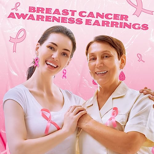 40 Pairs Breast Cancer Awareness Earrings for Women Lightweight PU Leather Pink Ribbon Earrings Teardrop Women's Drop Dangle Earrings Bulk for Women Support Statement Jewelry, 8 Styles3