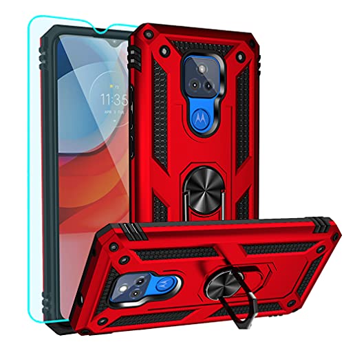 Moto G Play Case,Motorola G Play Case,with HD Screen Protector,YZOK [Military Grade] Ring Car Mount Kickstand Hybrid Hard PC Soft TPU Shockproof Protective Case for Motorola Moto G Play 2021 (Red)