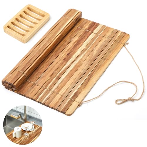 Teenyyou TEENYYOU-0749 Over Sink Dish Drying Rack Kitchen Teak Wood Roll Up Rack With Self Draining Soap Dish Wooden Dish Racks For Kitchen Counter Space Sink Accessories Bathroom Bathtub Rv cover