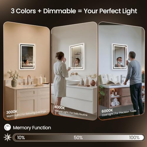 Image of 20x28 LED Bathroom Mirror with Anti-Fog, Backlit & Front Lit, Memory | Stepless Dimmable 3 Color CRI 95+ Shatterproof Tempered Glass ETL Listed for Safety Lighted Bathroom Vanity Mirror for Wall