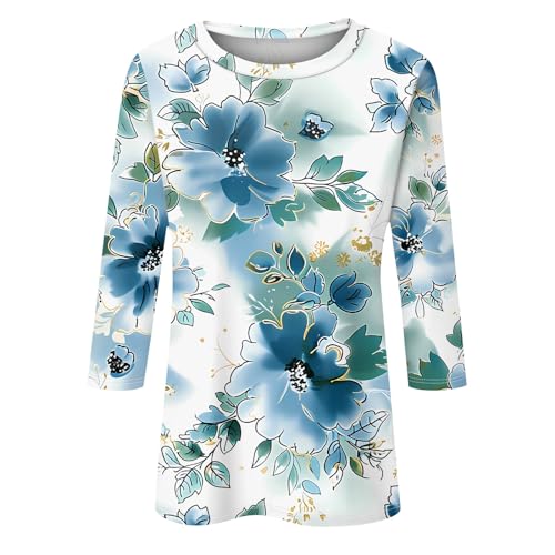 HTHLVMD Womens 3/4 Length Sleeve Tops 2025 Fall Fashion Floral Print Crewneck Causal Trendy Tunic Tops for Women