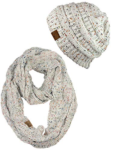 C.C Soft Stretch Colorful Confetti Cable Knit Beanie and Infinity Loop Scarf Set