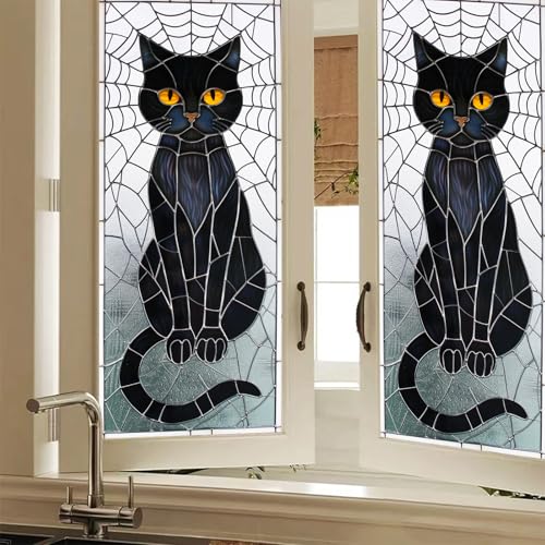Vinilo decorativo para ventana Halloween gato negro 17.7 x 39.3 pulg miniatura 1