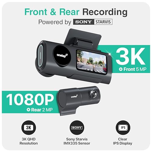 Image of Onelap Vidsure (2026 Edition Front + Rear) - 3K UpScaled to 4K Dashcam for Car | Real Sony STARVIS IMX335 | 5MP 3840p QHD Front | 5.8Ghz Wifi | 2MP 1080p FHD Rear | HDR |1.47 inch LCD | Dual Port Charger