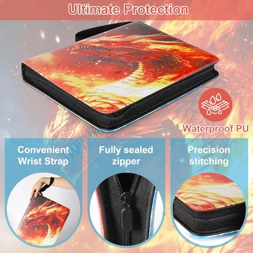 Image of Fire & Ice Dragon 9 Pocket Trading Card Binder Album, Holds 900 Cards with 50 Removable Double-Sided Sleeves, Waterproof PU Leather Zipper Binder for TCG, MTG, Sports Cards