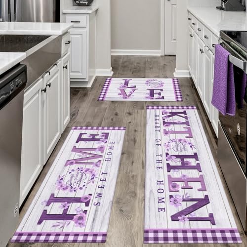 Lavender Purple Kitchen Rugs Sets of 3 Piece, Plaid Floral Rustic Watercolor Floor Mat Rug Runner Area Rug Carpet Washable, Farmhouse Purple Kitchen Decor and Accessories Stuff