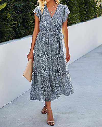 Btfbm Women Summer Bohemian Floral Casual Wrap V Neck Ruffle Cap Sleeveless Belt A-Line Pleated Hem Swing Midi Sun Dress (Dark Blue, L) #TOP6