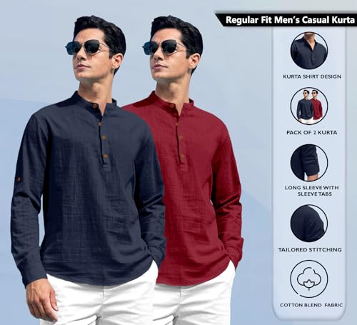 Image of Zombom Combo of Men's Solid Cotton Polyester Blend Full Sleeve Straight Kurta Shirt (Pack of 2)