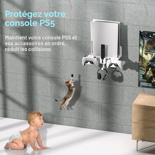 Support mural PS5 Playstation 5 avec support de contrôleur et crochet casque