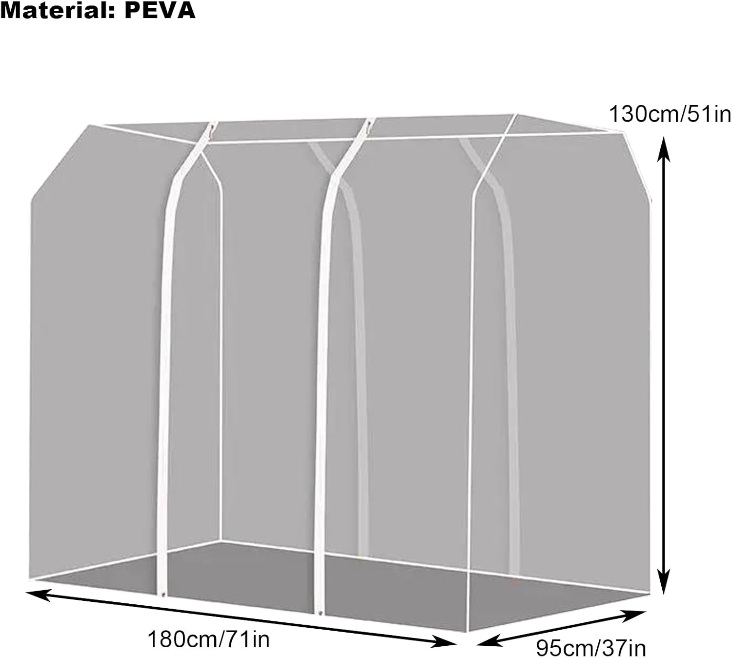 Cover for Clothes Rack, Clothes Cover for Hanging, Full Transparency, Applicable to X-Type Hangers, Metal Zipper(180x95x130cm/71x37x51in)