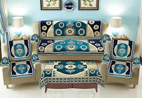 Image of 5 Seater Sofa Cover 10 Pcs Set - 3 + 1+1 Chennile Sofa Cover Back 5 Seater with 6 Pcs Arms Sofa Cover and Centre Table Cover, Sky, Chenille