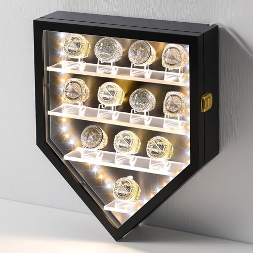 Ferreve Championship Ring Display Case with LED Light Clear Acrylic Sports Baseball Ring Display Case 12 Ring Posts Softball Ring Holder Lockable Wall Mount Wooden Shadow Box for Storage Award Rings