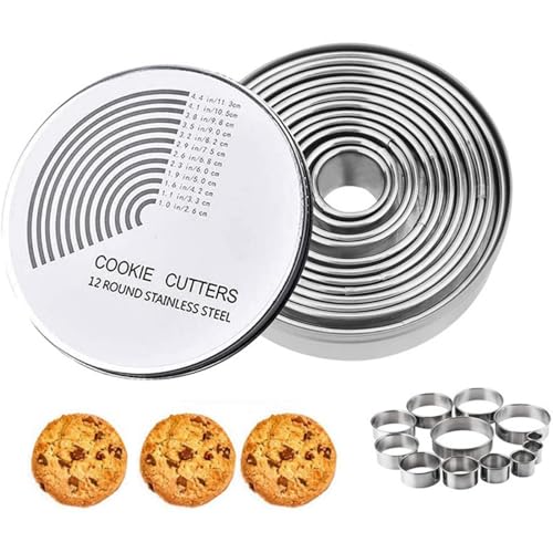 FINEVERNEK 12Pcs Cortadores de Galletas Redondo, Juego de Cortadores de Repostería de Acero...