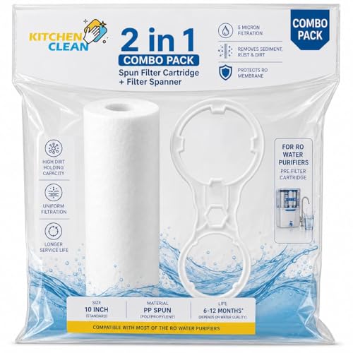 Image of Kitchen Clean High Density 10-Inch 5 Micron PP Spun Filter Cartridge with 2-in-1 Multifunction RO Wrench /Opener (2 Pieces: 1 Spun Filter + 1 Wrench)