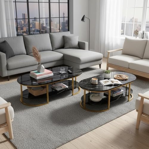 Image of Shoppee Modern 2-Tier Center Table with Engineered Wooden Top & Gold Metal Frame, Cocktail Sofa Table Living Room, Elegant Coffee Table - for Home, Office, Dining (Black & Gold)