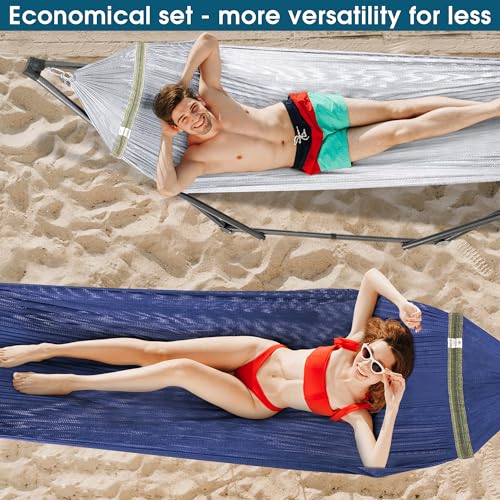 Image of Tranquillo Combo x2 Hammocks with Stand for Outside & Tree Straps, Heavy Duty Hammock with Stand 600lbs for Indoor Outdoor Patio Backyard, x2 Hammocks for 2 Person, Portable Carrying Bags, Aegean