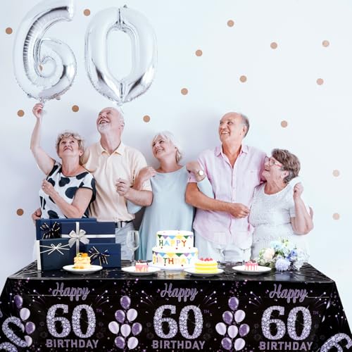 Image of Ganeen 3 Pack 60th Birthday Tablecloth Purple Black Happy 60th Birthday Decorations Disposable Plastic Rectangular Table Cover for Party Supplies Women Men, 108 x 54 Inch