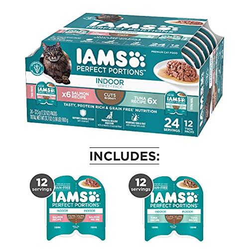 IAMS PERFECT PORTIONS Indoor Adult Grain Free* Wet Cat Food Cuts in Gravy Variety Pack, Tuna Recipe and Salmon Recipe… - Image 4