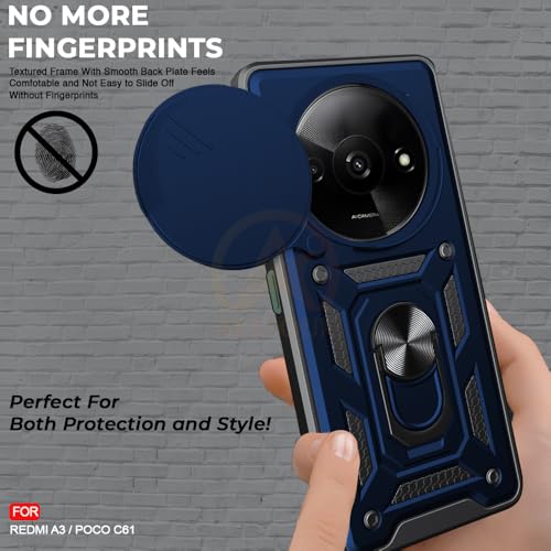 Image of Armor Bumper Back Cover Case for Redmi A3 / Poco C61 Rotating Camera Cover, Ring Holder & Kickstand | Heavy Duty & 360 Degree Protection Redmi A3 / Poco C61 Back Cover (Blue)