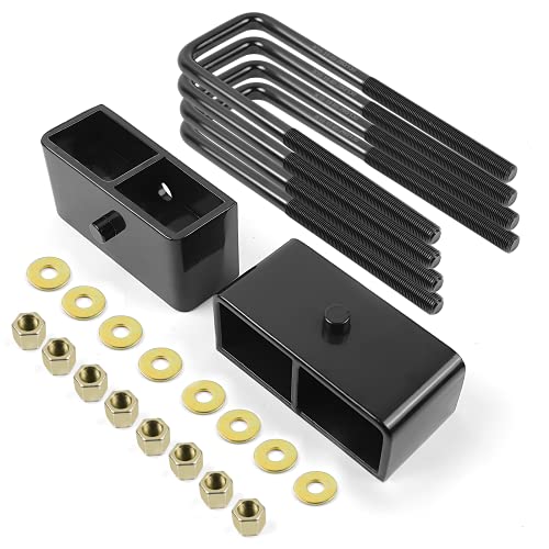AUTOPTIM 2 inch Rear Leveling Lift Block Kit, Replacement for 2007-2021 Chevy Silverado, 2007-2019 GMC Sierra 1500 Square Leaf Spring Axle U Bolts Set