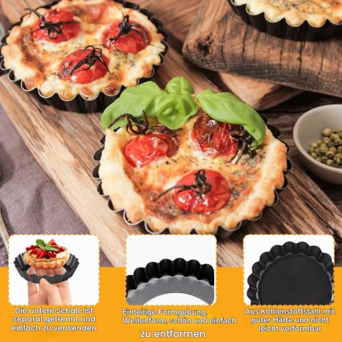 Foto von Frasheng 10 Stück Tarteform mit Hebeboden, Antihaftbeschichtet Tarteform, 4 Zoll/10 cm, Tartlettförmchen, Mini Tarteforms, Rund Pie Form, Tartelette Förmchen aus Kohlenstoffstahl, Schwarz