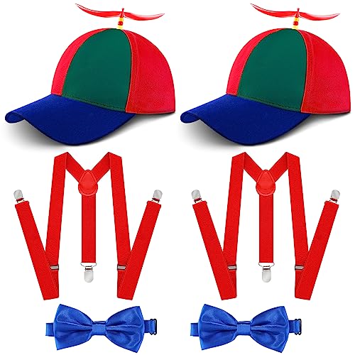 Eurzom 6 Pcs Propeller Hat Bow Tie and Adjustable Elastic Y Back Style Suspenders Set Helicopter Hat for Adult (Blue Rim)