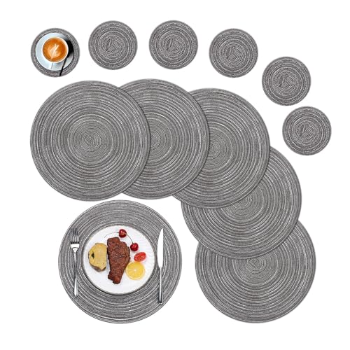 SHACOS Juego de 6 Manteles Individuales Redondos y 6 Posavasos de Algodón, Lavables, Resistentes al Calor, Salvamanteles Individuales Antimanchas para Cocina, Mesa de Comedor, Gris
