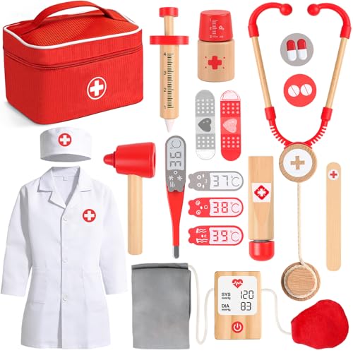 Arztkoffer Kinder ab 3 jahre Spielzeug ab 3 Jahre Doktorkoffer Kinder Holz mit Arztkittel Arzttasche Stethoskop Thermometer Rollenspiele Kinderspielzeug Geschenk Kinder 3 4 5 Jahre Mädchen Junge