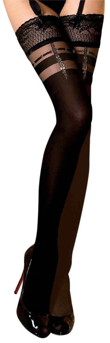 Unbekannt Ballerina Women's Hold-Up Stockings, Black, 20/60 Denier with Pattern, Suspender Look - Black - S-M
