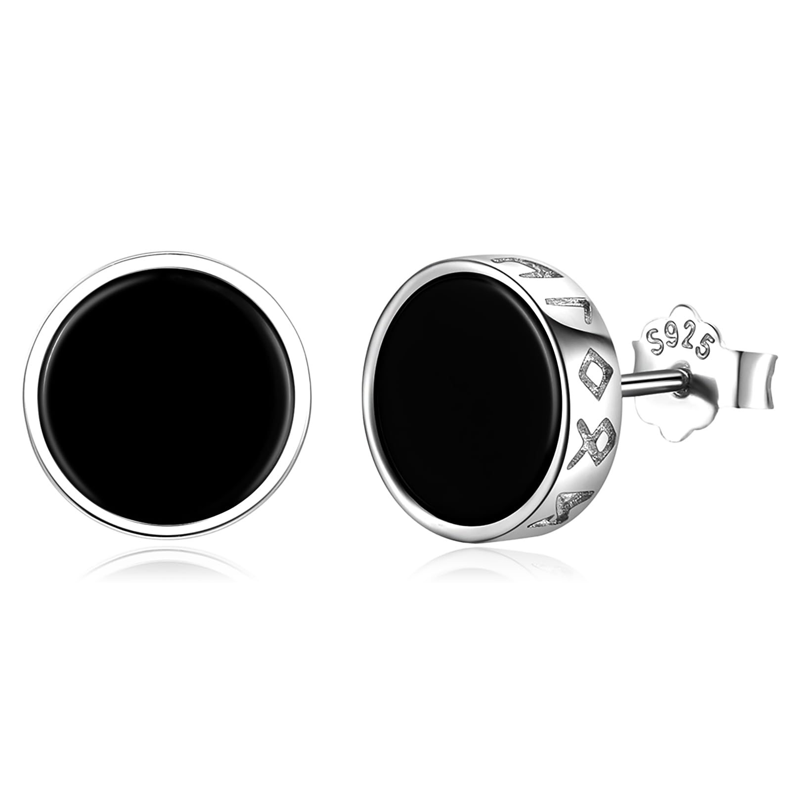 Black Onyx Stud Earrings for Men Women, 925 Sterling Silver Viking Earrings