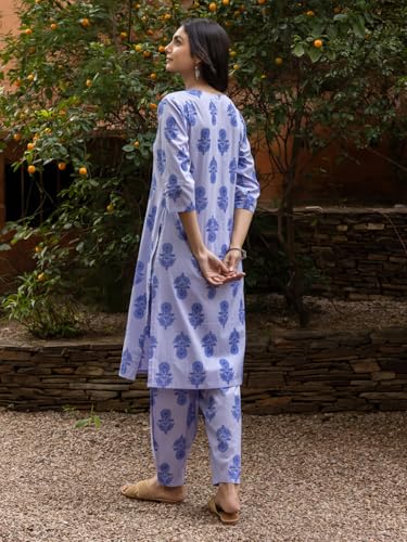 Image of FIORRA Women's Blue Cotton Flared Kurta Set