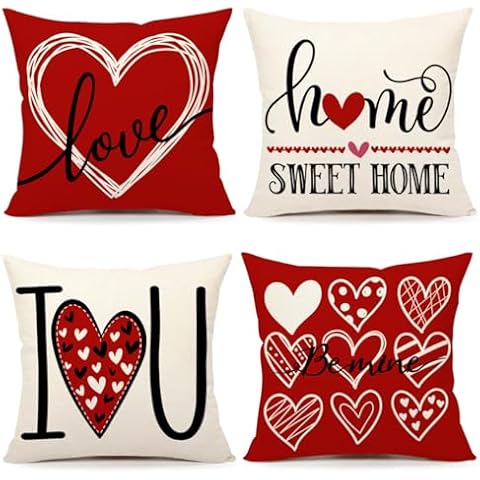 4TH Emotion Valentines Day Throw Pillow Covers 18 x 18 Inch Set of 4, Love Heart Spring Farmhouse Holiday Red Cushion Case for Home Sofa Couch Decoration S24V01 Cover