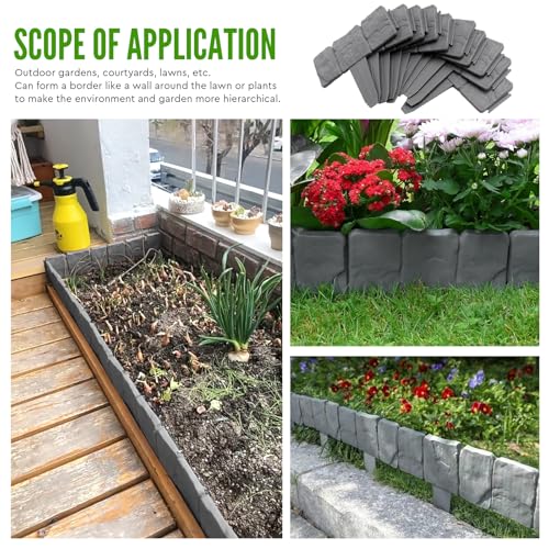 EXLECO 40 Pcs Rasenkante Kunstoff Grau 10 Meter Beeteinfassung Steinoptik Palisade Zaun Stone Rasenkantensteine Beetumrandung Stein Effect Garten Randsteine Pflanze Bordüre für Rasen Blumenbeet