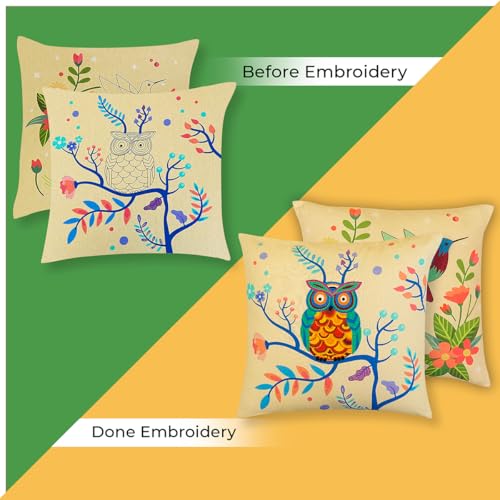 Image of picknMAKE Pack of 2 DIY Cushion Cover Hand Embroidery Kit for Beginners & Adults | Cross-Stitch Pillow Covers with Digitally Printed Designs | Complete Kit with Threads, Needle & Hoop | 16 inchx16 inch