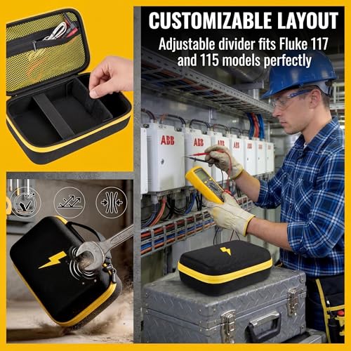 Image of Comecase Hard Multimeter Case for Fluke 87V MAX 87V 88V 179 with Holster | Divider & Zippered Mesh Storage for Test Leads, Probes, Workshop and Field Use, Black with Yellow Pocket, Case Only