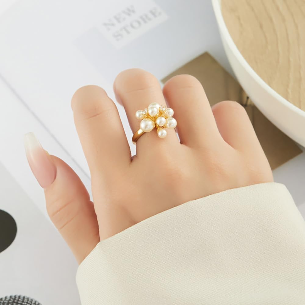 Kokoma Pearl Flower Statement Ring for Women Gold-Plated Cubic Zirconia Bouquet Wrap Finger Band Promise Engagement Ring Wedding Bands - Image 2