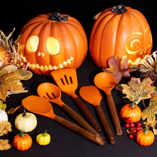 Miusco Non-Stick Silicone Kitchen Utensils Set With Natural Acacia Hard Wood Handle, 5 Piece, Orange, Bpa Free, Baking & Serving Silicone Cooking Utensils #TOP1