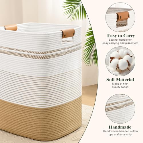 Image of Laundry Hamper, 95L Tall Laundry Basket with Leather Handles, Rectangle Large Clothes Hamper for Organizing, Cotton Woven Laundry Baskets Storage Hampers for Bedroom, Nursery, Living Room