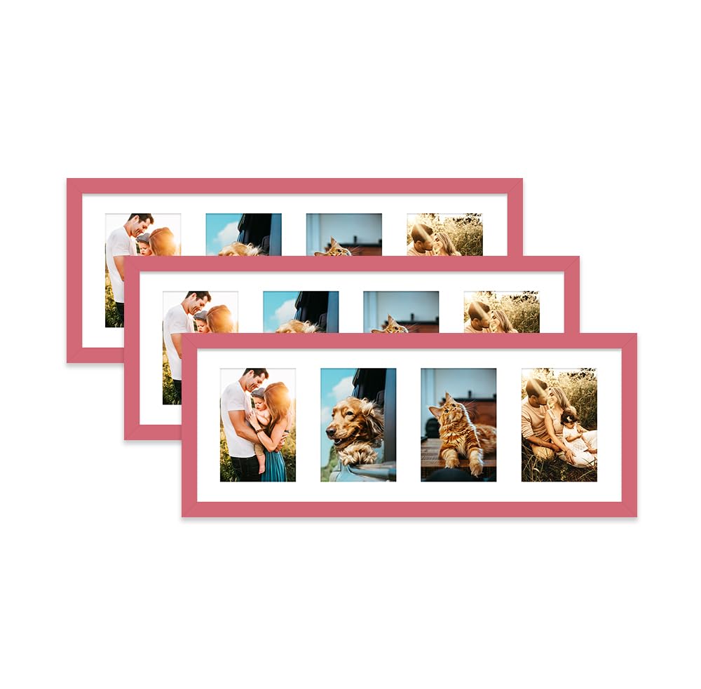 Pink Multi Photo Frame - Holds 4 x 6x4 Pictures, Family Collage Picture Frame for Wall Display, 8x22 Panoramic Frame Size, Set of 3