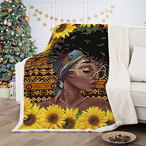 African American Girl Sunflower Black Girl Blanket Throw Plush Fleece Sherpa Blanket For Women And Girls Couch Sofa Bed Soft Blankets 50X60 Inch #TOP5